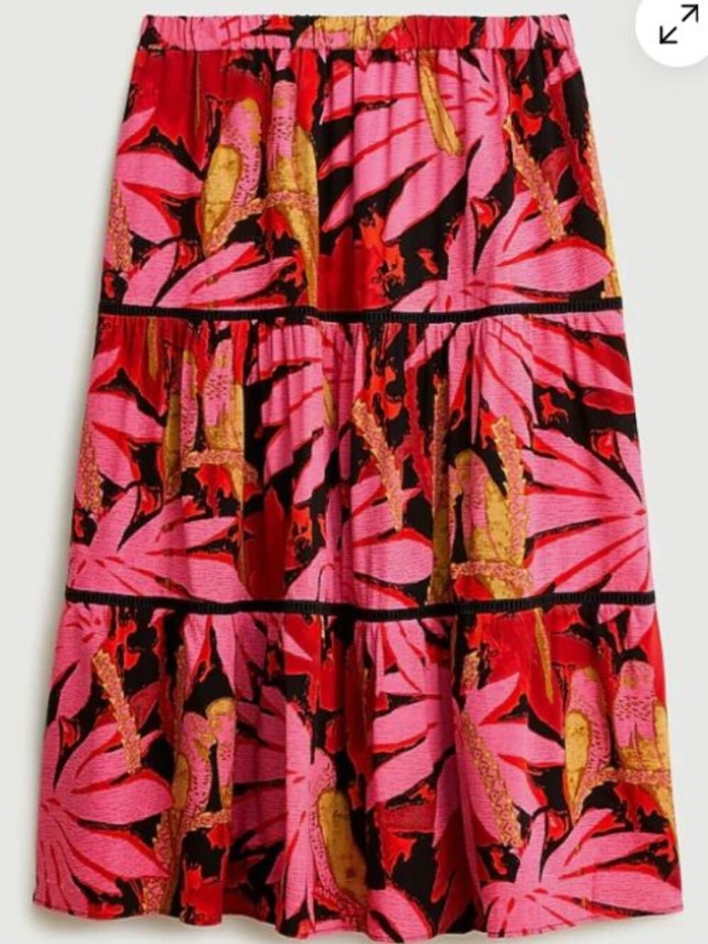 NWT J.Crew Tiered Pull-On Midi Skirt Palm Print Pink Red XXL